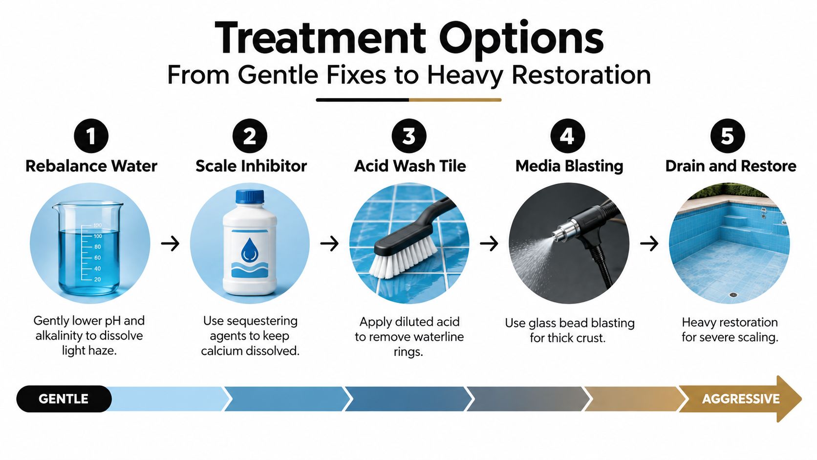 An infographic showing five pool scaling treatment options ranging from gentle water rebalancing to heavy restoration.