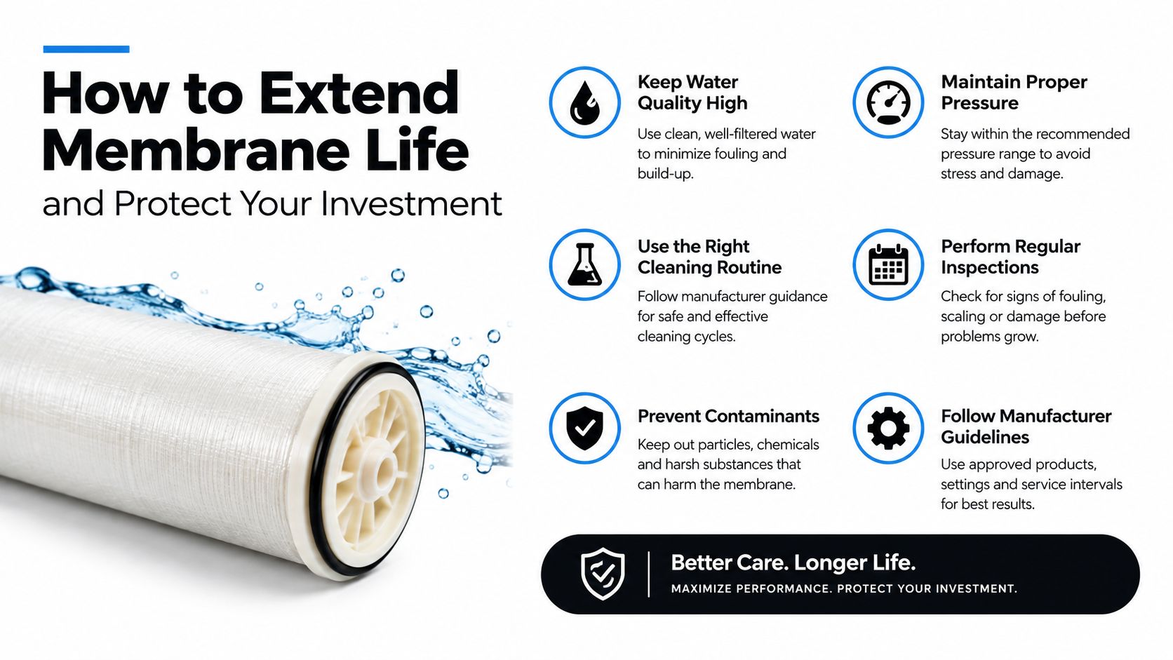 An infographic showing six essential tips to extend the life of a reverse osmosis membrane filter.