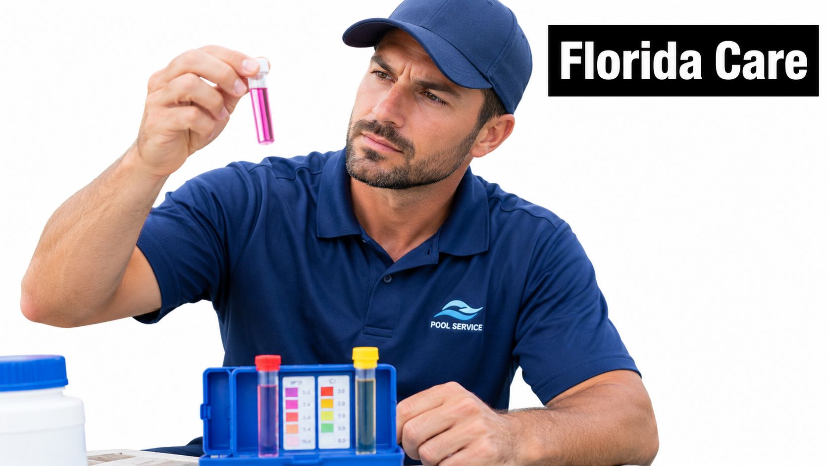 A professional pool service technician in a blue uniform testing pool water quality with chemical test kits.