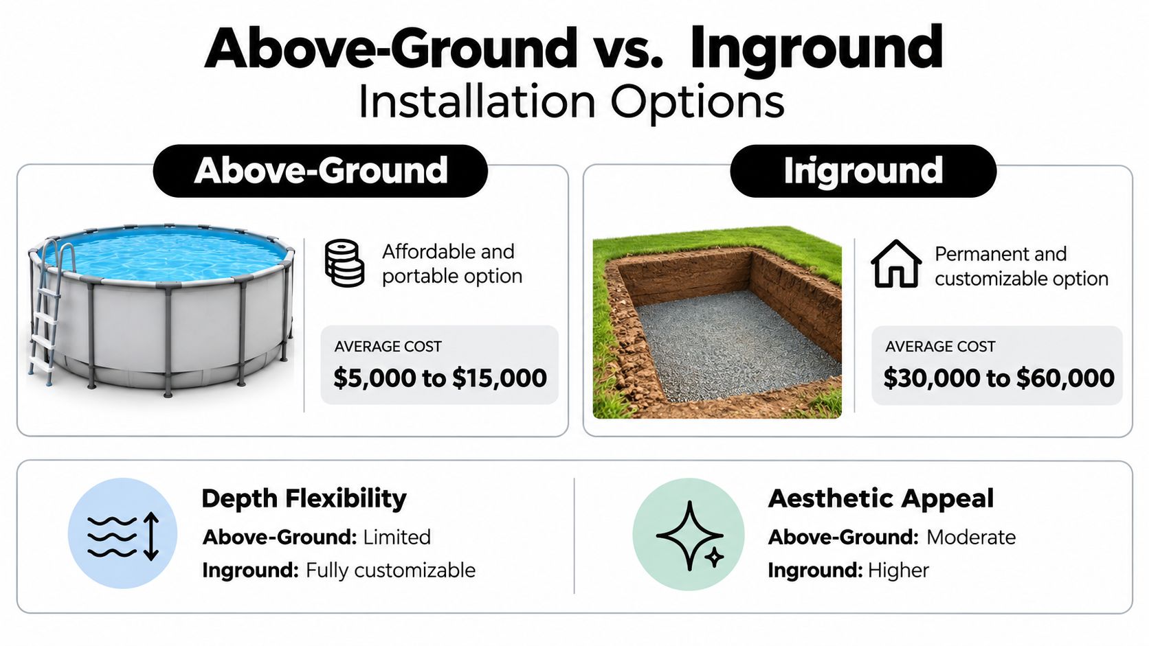 A comparison infographic showing the cost, features, and benefits of above-ground versus inground swimming pool installations.