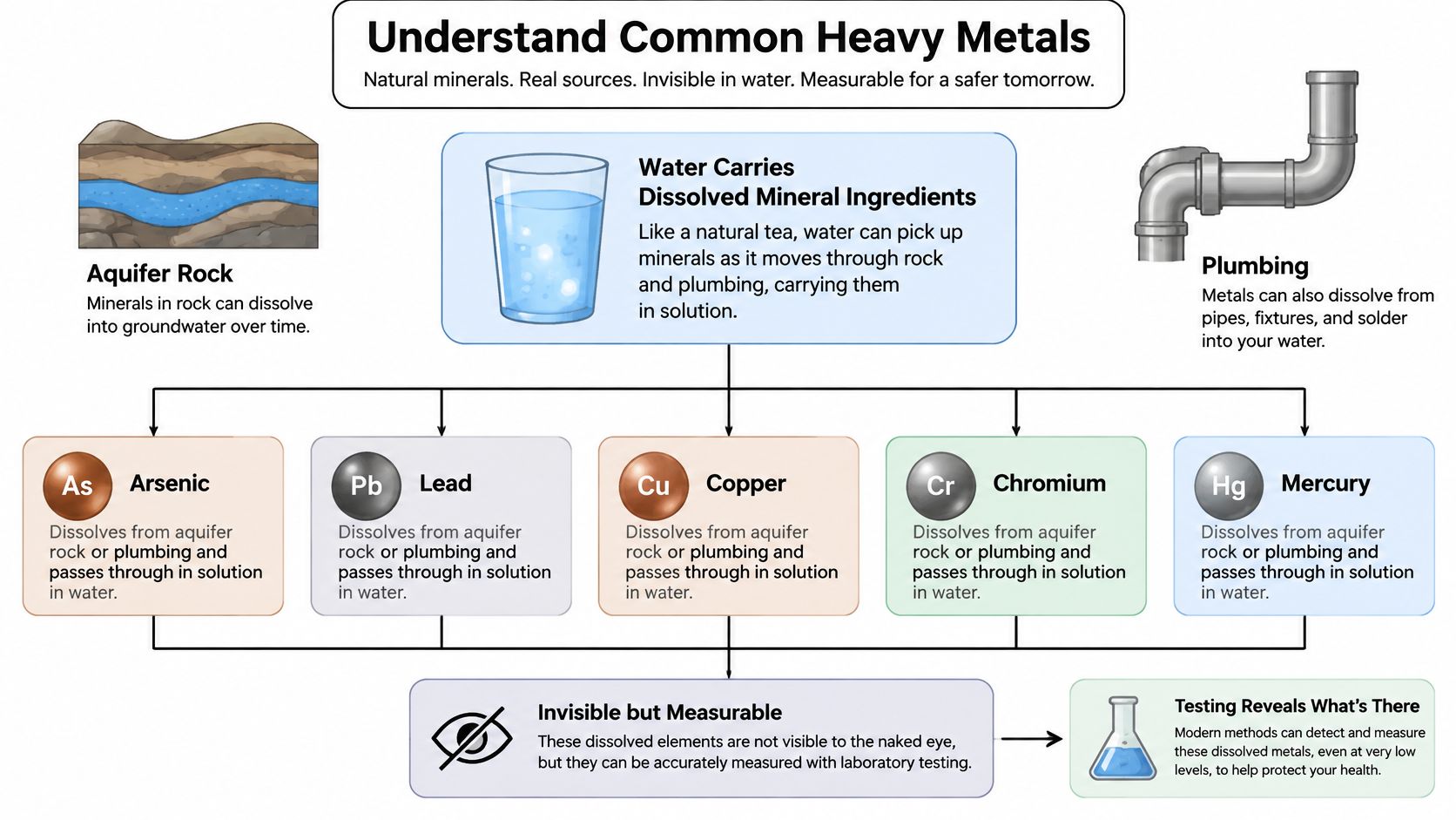 An infographic titled Understand Common Heavy Metals showing how minerals from rocks and plumbing dissolve into water.