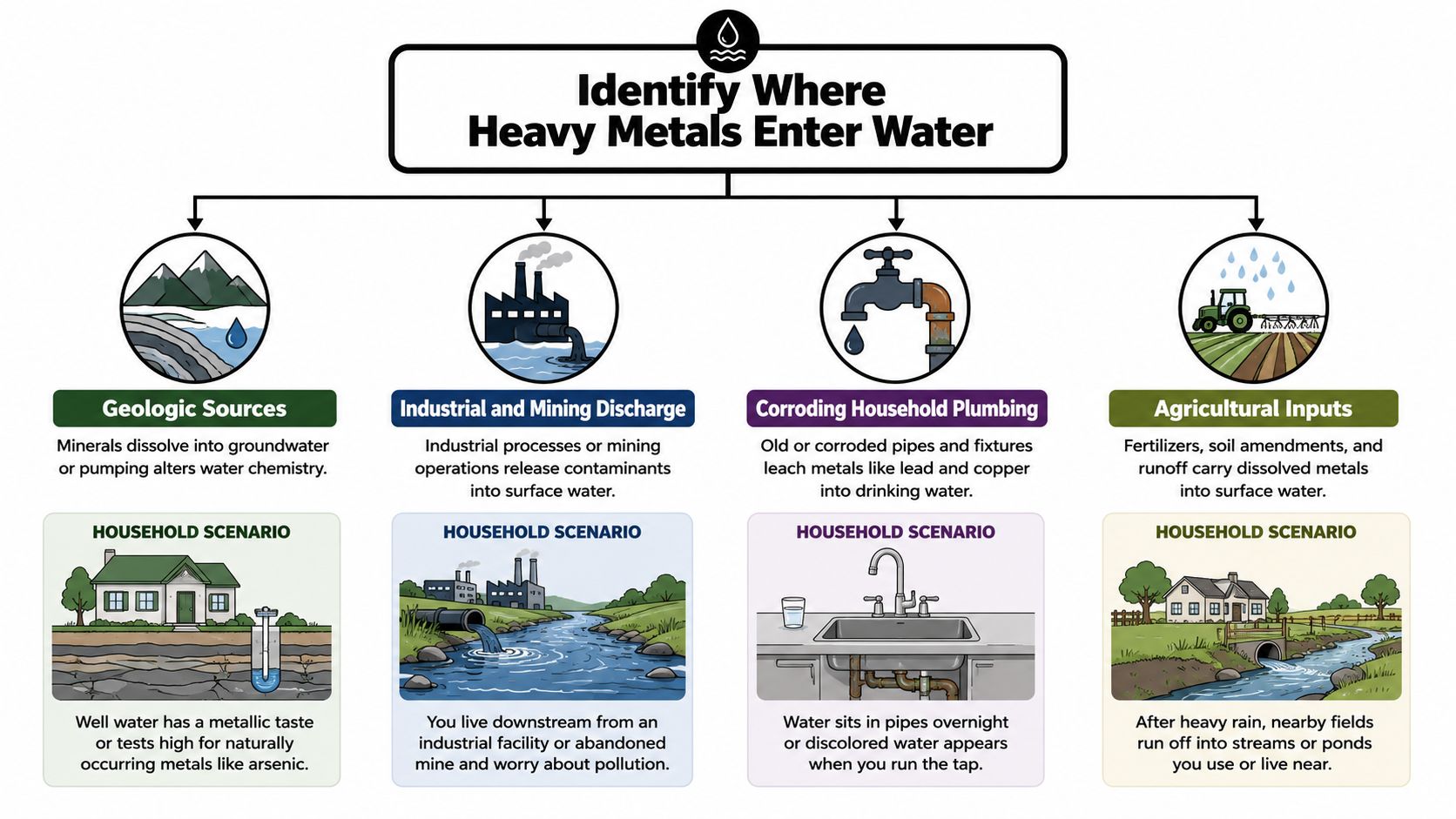 An infographic illustrating the four main sources where heavy metals enter water supplies including household examples.