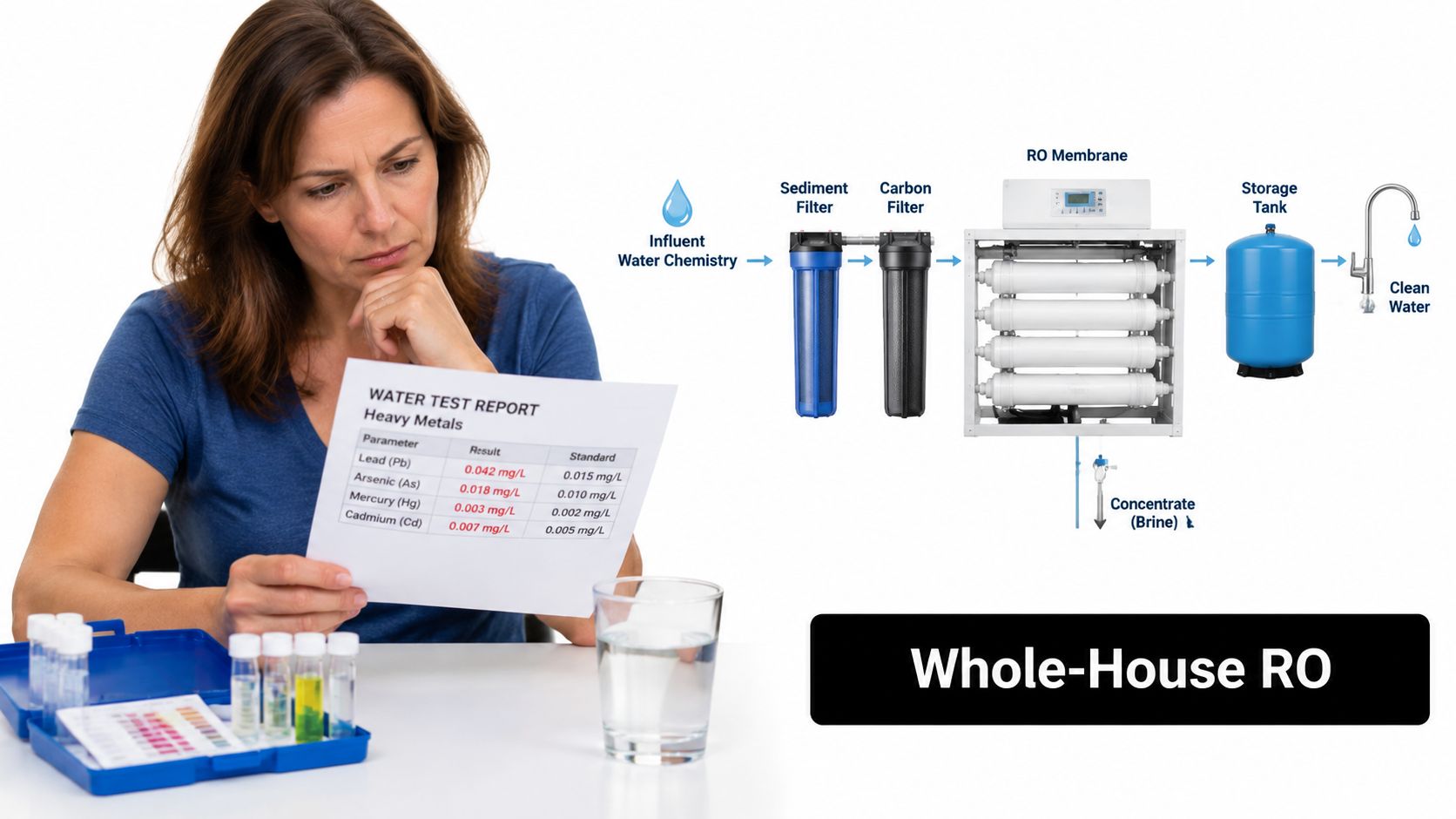 A woman reviewing a water test report showing high heavy metal concentrations alongside a whole-house RO system diagram.