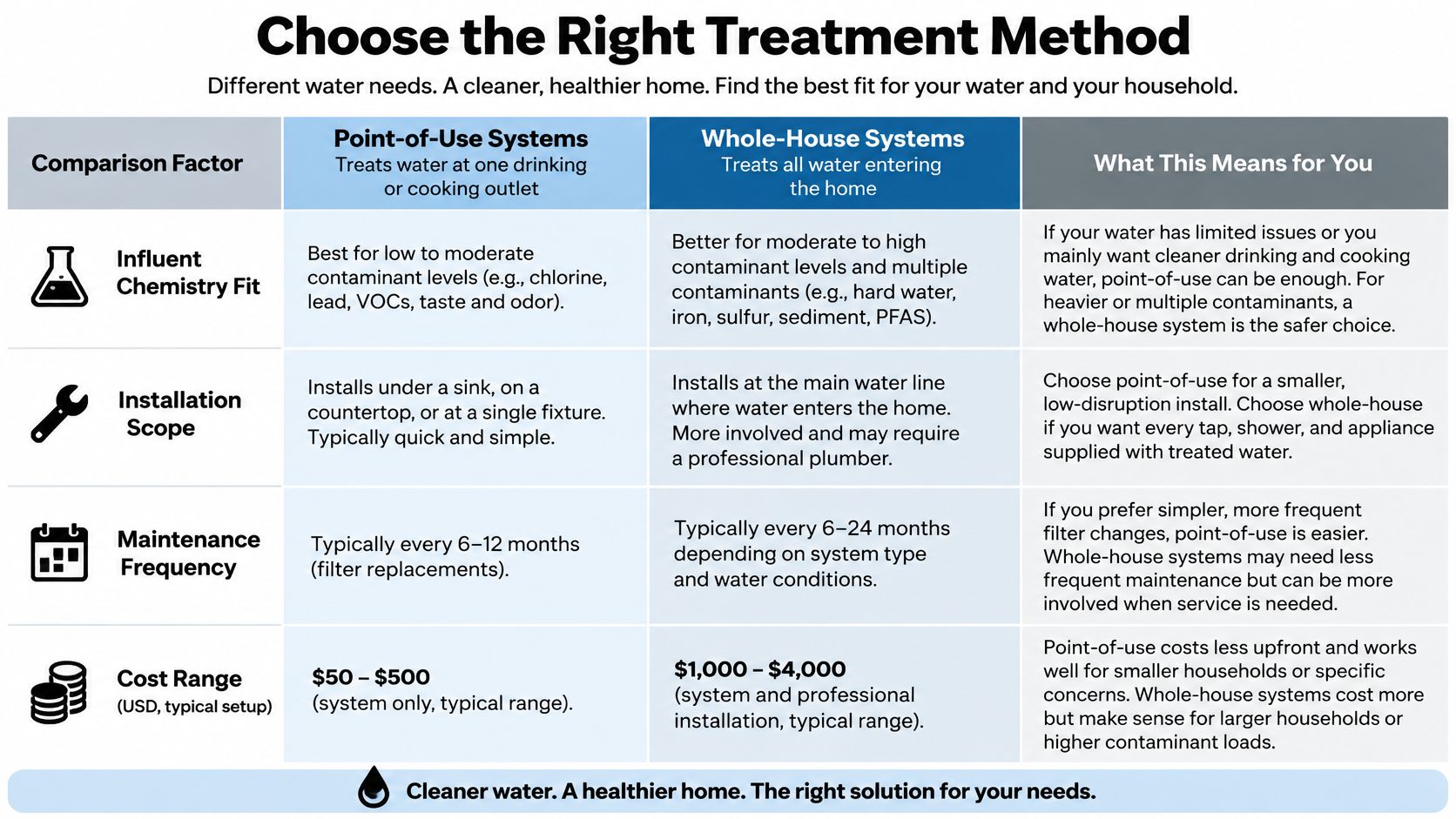 A comparison chart showing differences between point-of-use and whole-house water treatment systems for home use.