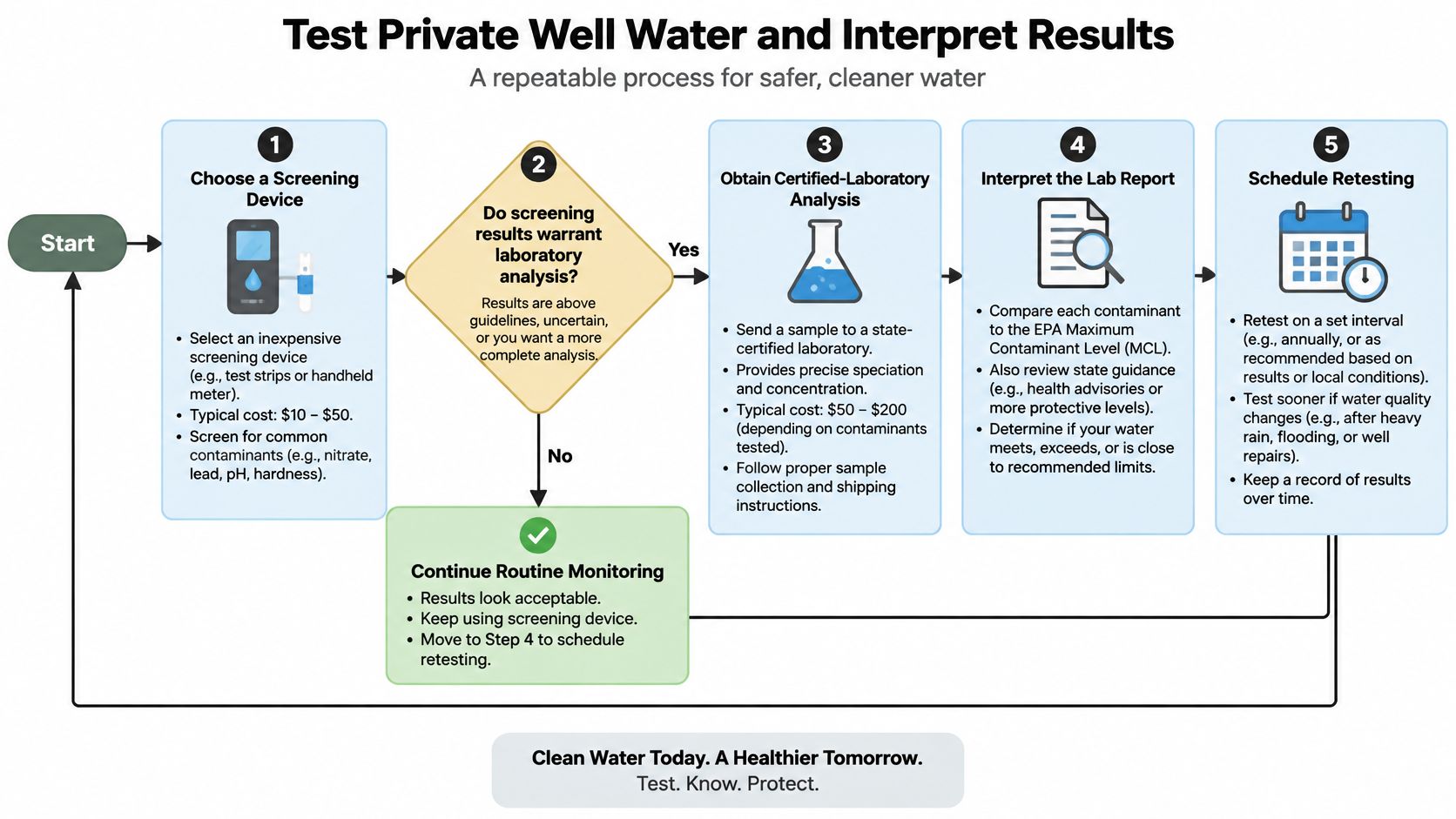 A flow chart illustrating a five-step process for testing private well water and interpreting the results.