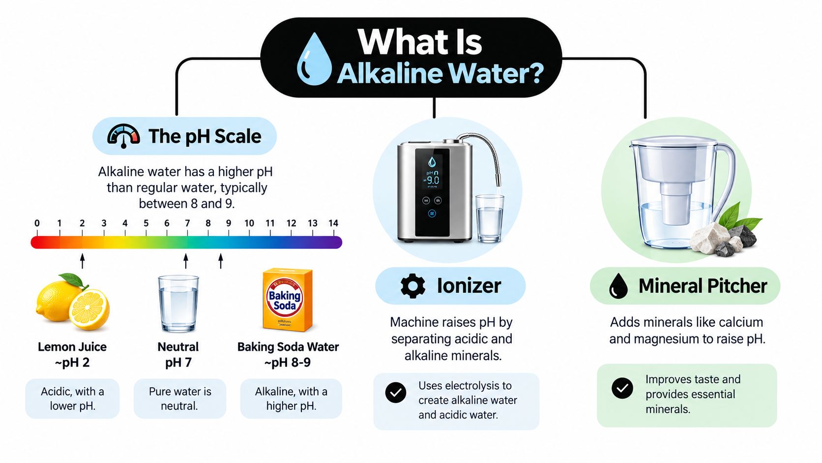 An infographic explaining alkaline water, the pH scale, and methods like ionizers and mineral pitchers to create it.