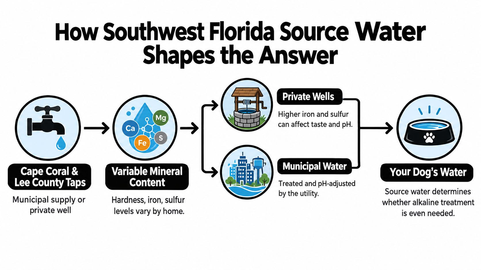A flowchart explaining how Southwest Florida source water affects dogs' water quality and alkaline treatment needs.