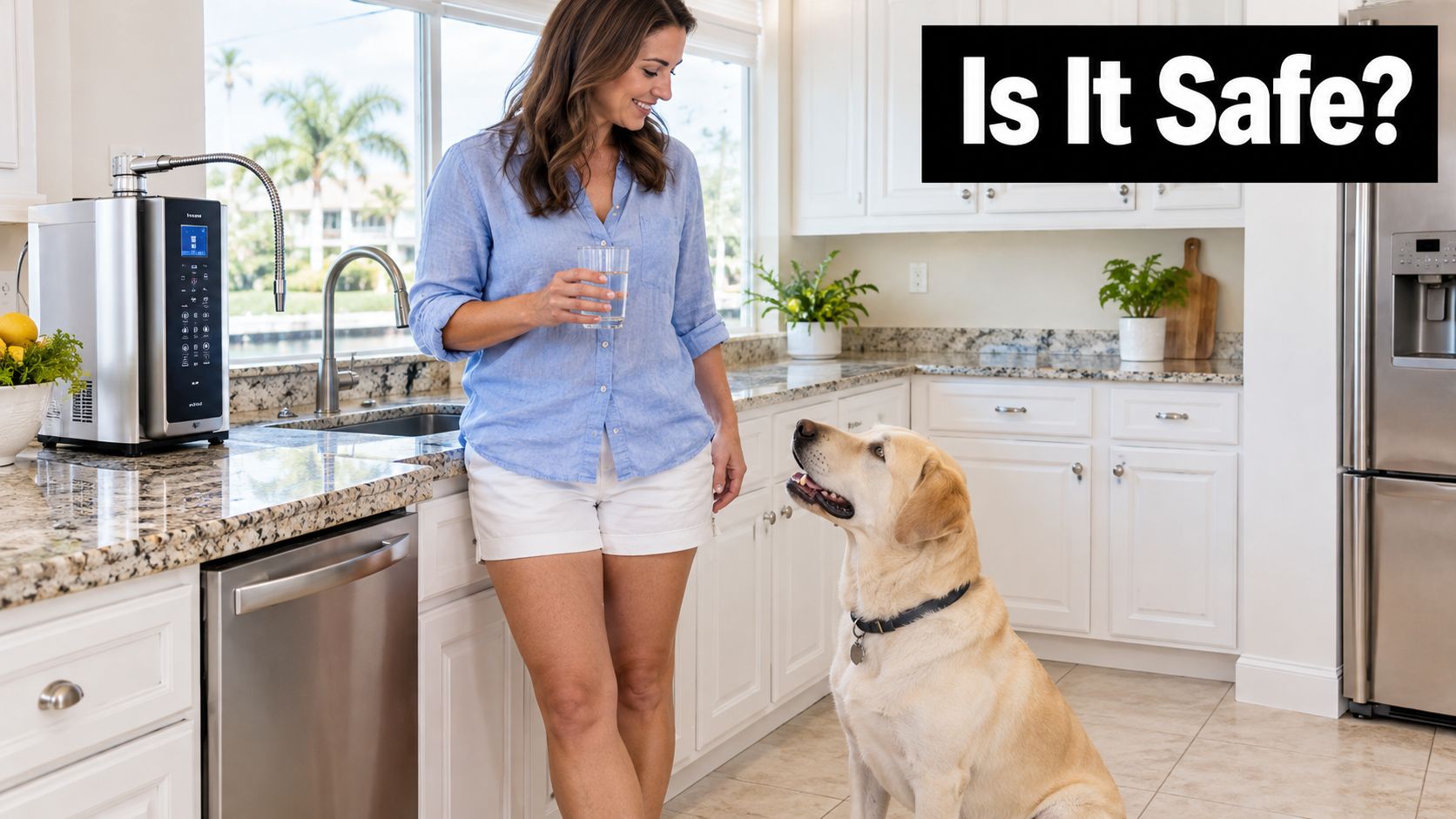 A woman holding a glass of water standing in a kitchen with her yellow Labrador Retriever dog.
