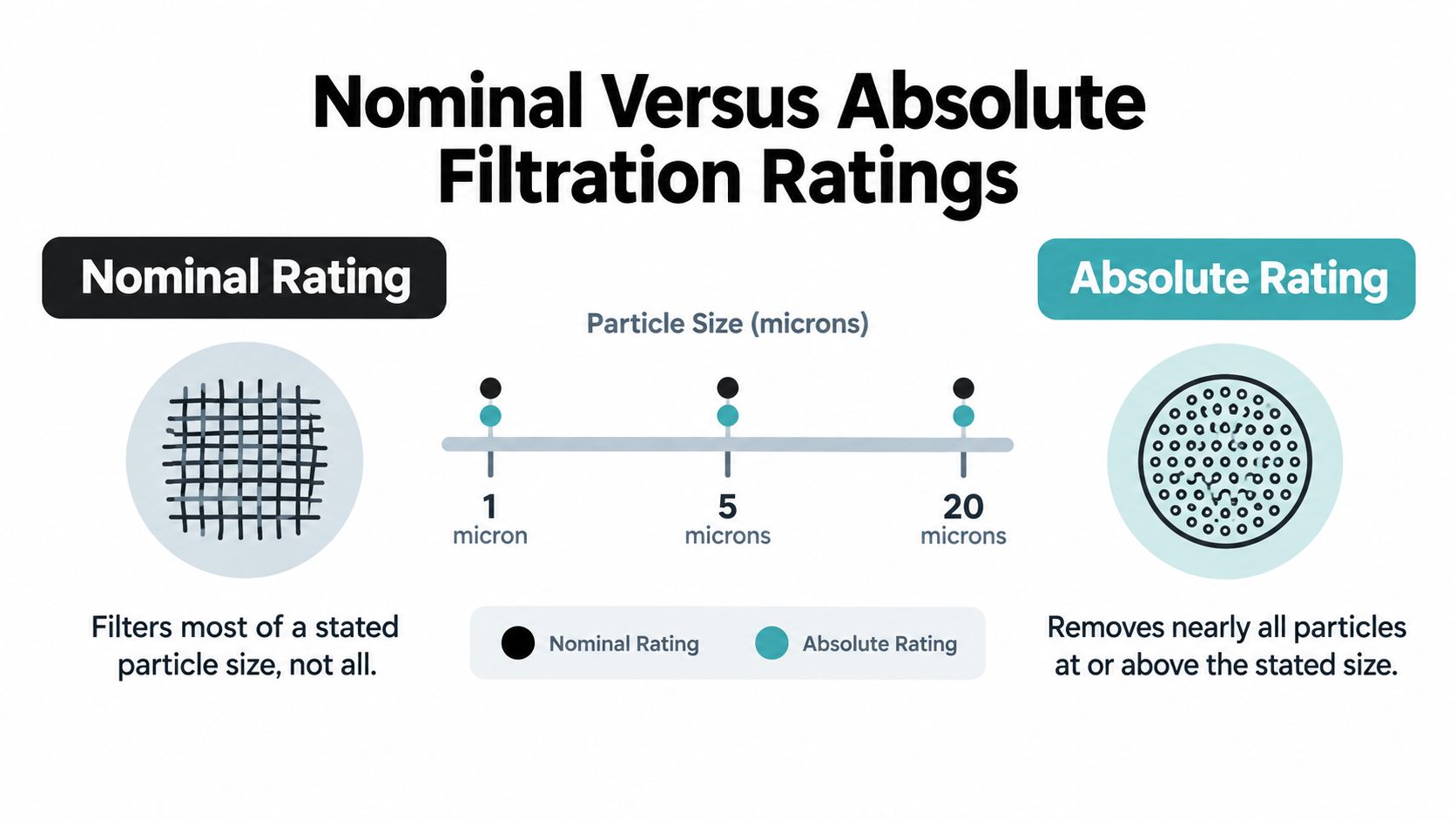 An infographic comparing nominal and absolute filtration ratings using particle size measurements in microns.