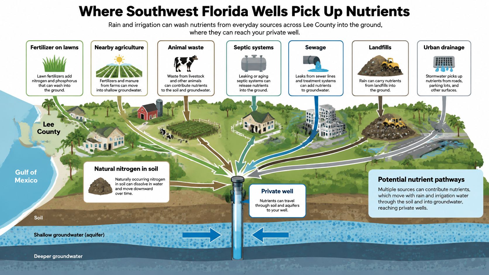 An infographic showing how various environmental sources contribute to nutrient contamination in private wells in Lee County.
