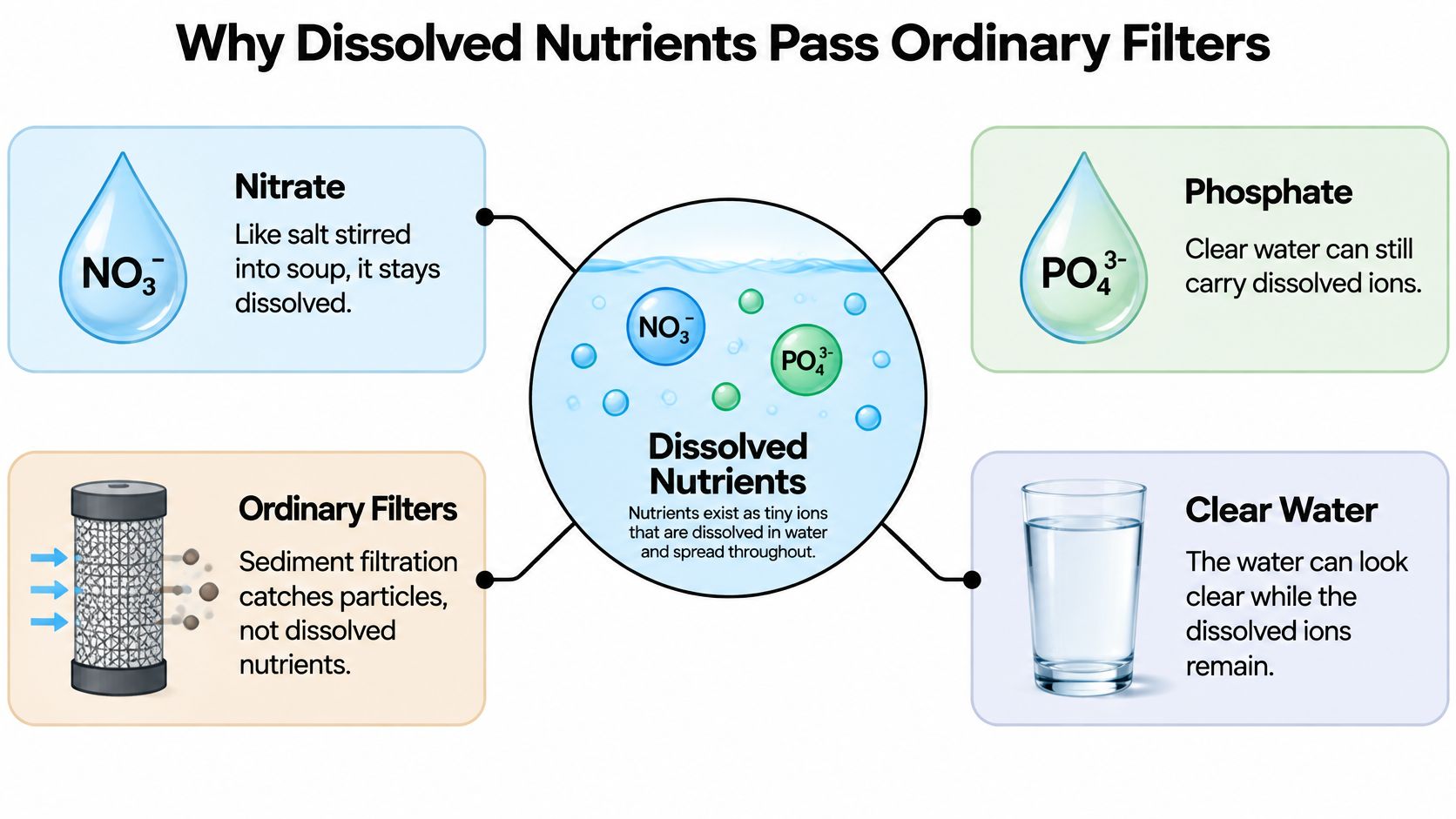 An infographic explaining why dissolved nutrients like nitrates and phosphates pass through ordinary water filtration systems.