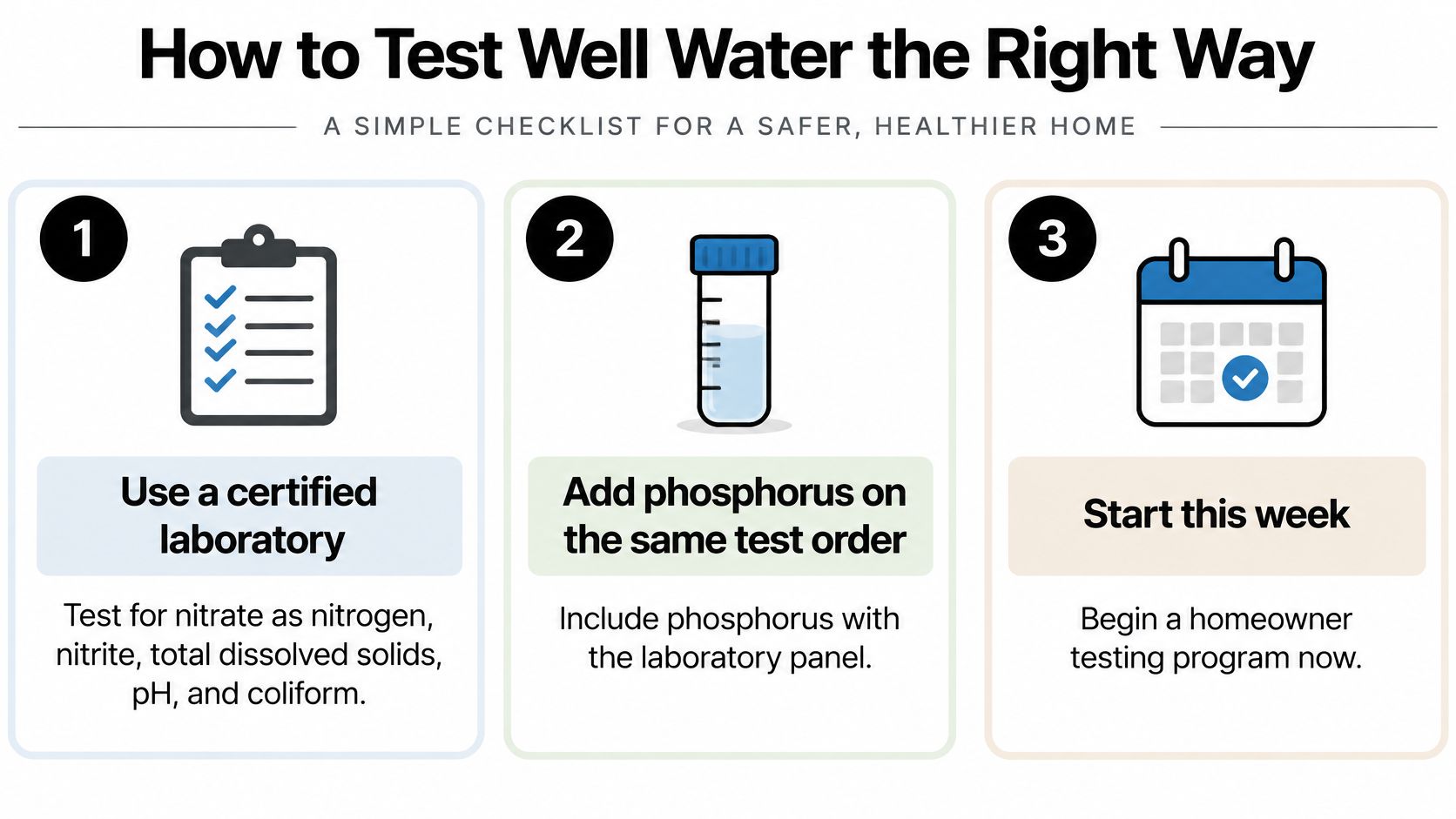 A simple checklist showing three steps for testing home well water using a certified laboratory service.