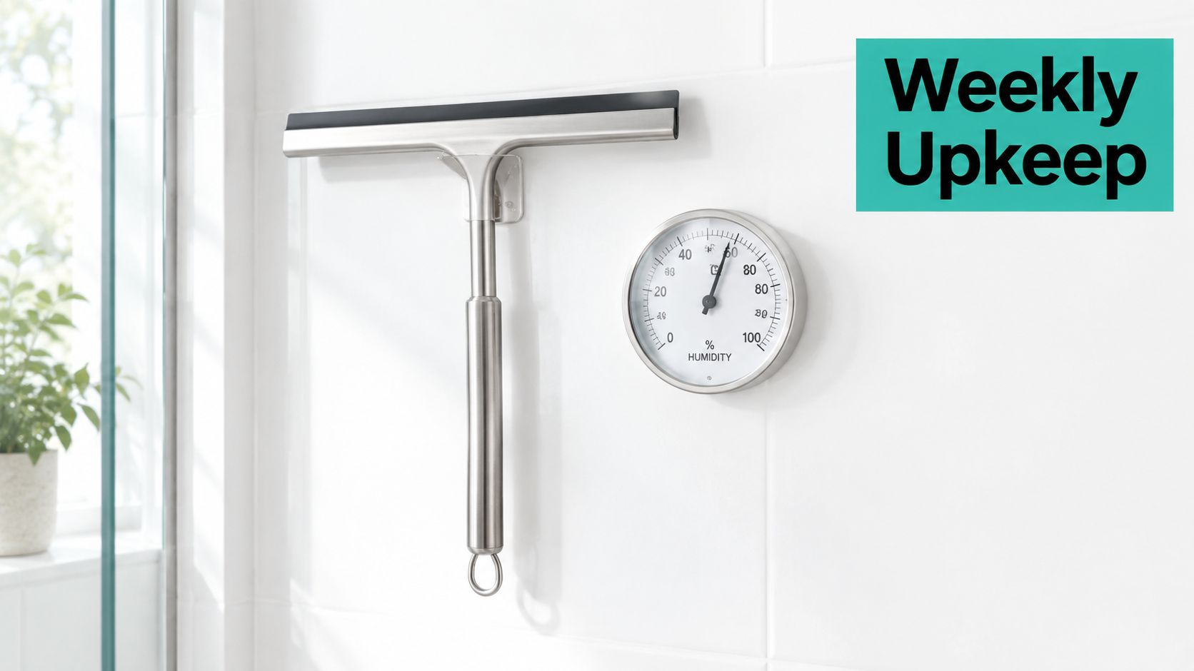A stainless steel squeegee and a round wall-mounted humidity gauge are displayed on a white tiled wall.