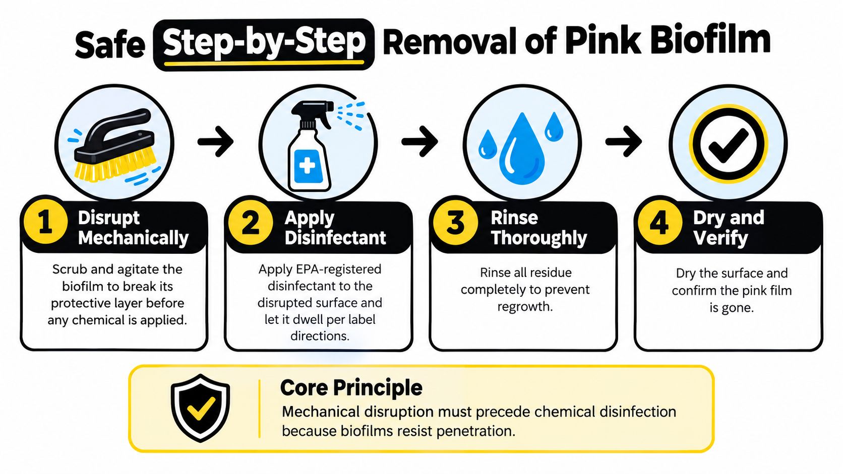 A step-by-step infographic showing how to safely remove pink biofilm from bathroom surfaces using mechanical scrubbing.
