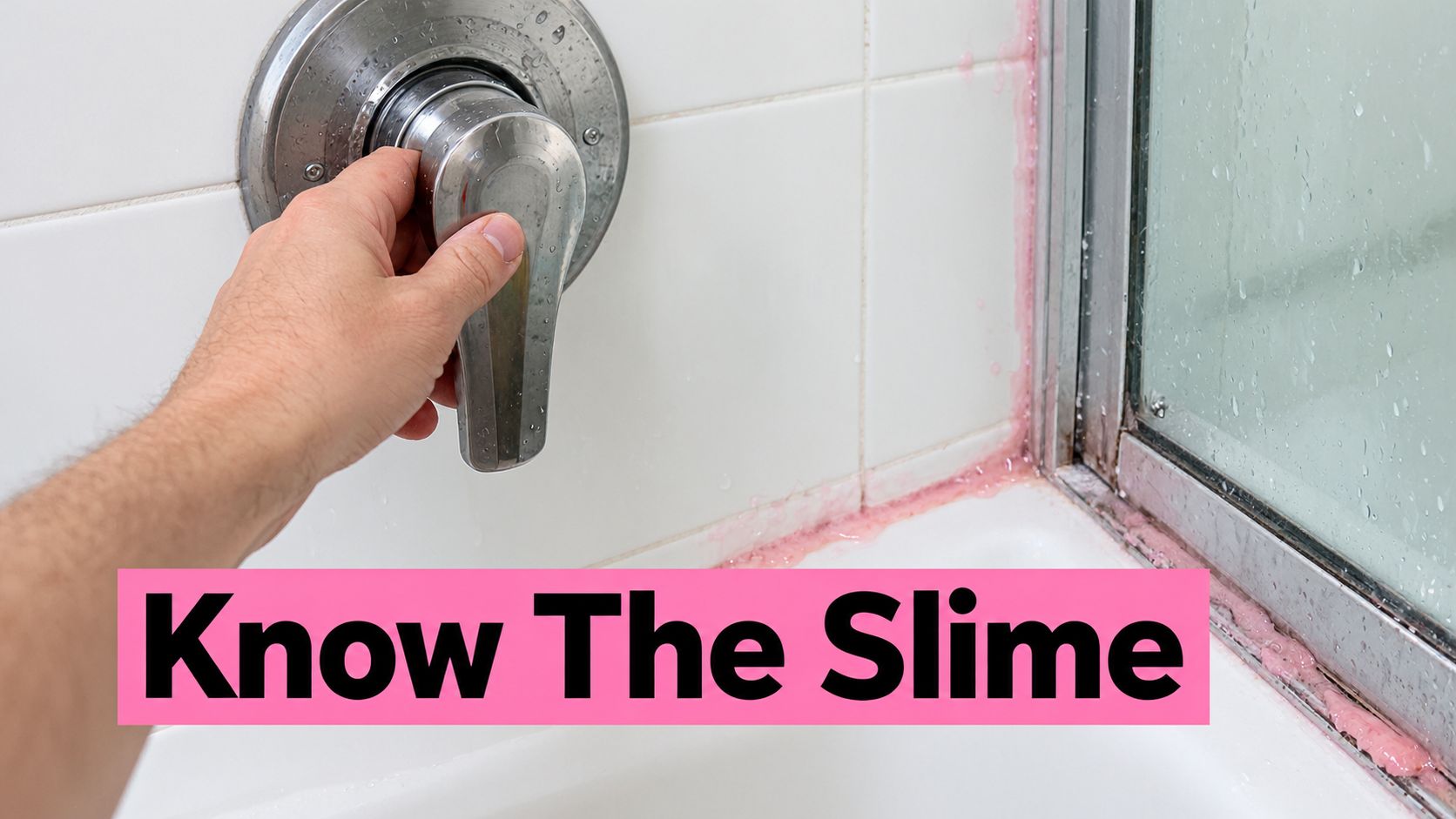 A hand adjusts a shower faucet handle next to pink slime buildup on the shower tile grout.