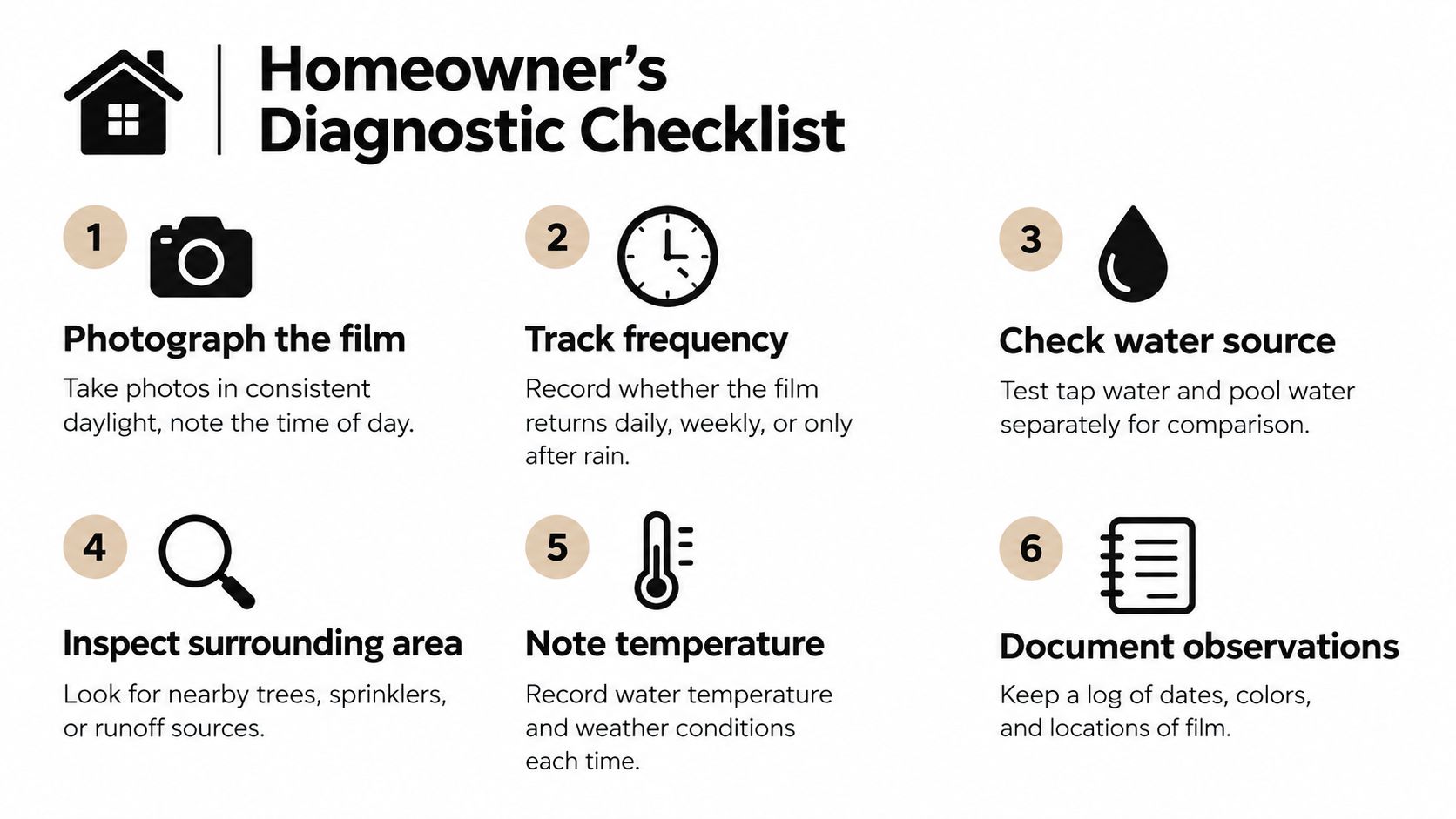 A six-step homeowner's diagnostic checklist infographic for identifying and tracking mysterious films on pool water surfaces.