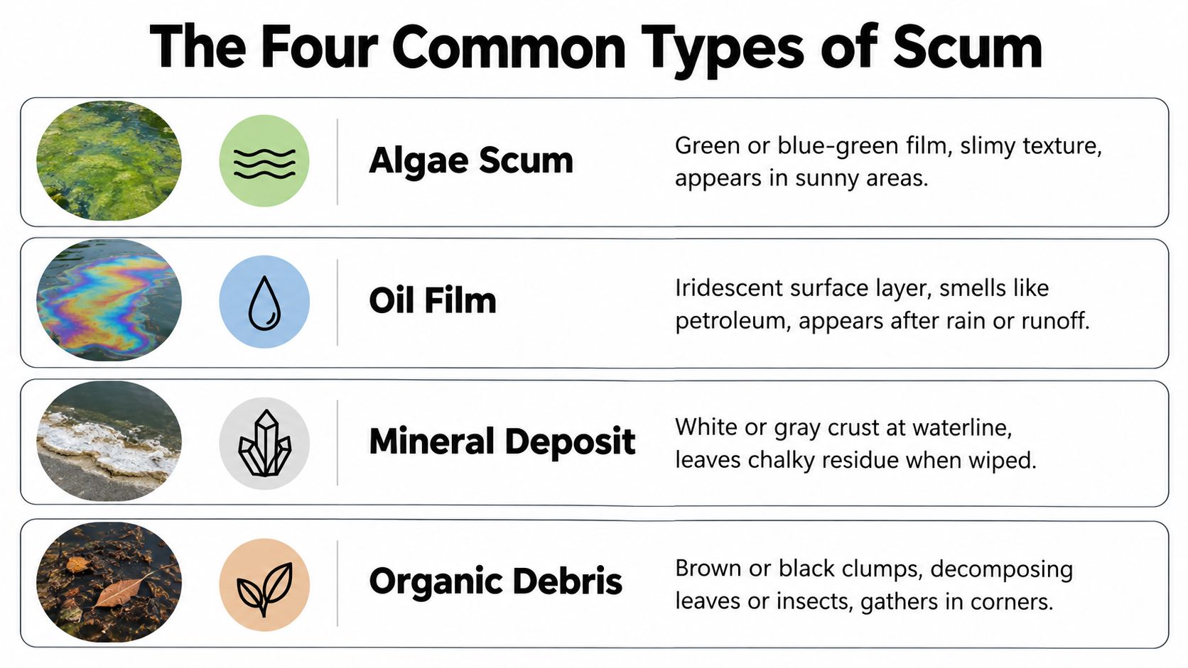 An educational infographic showing the four common types of scum on water with descriptions and visual examples.