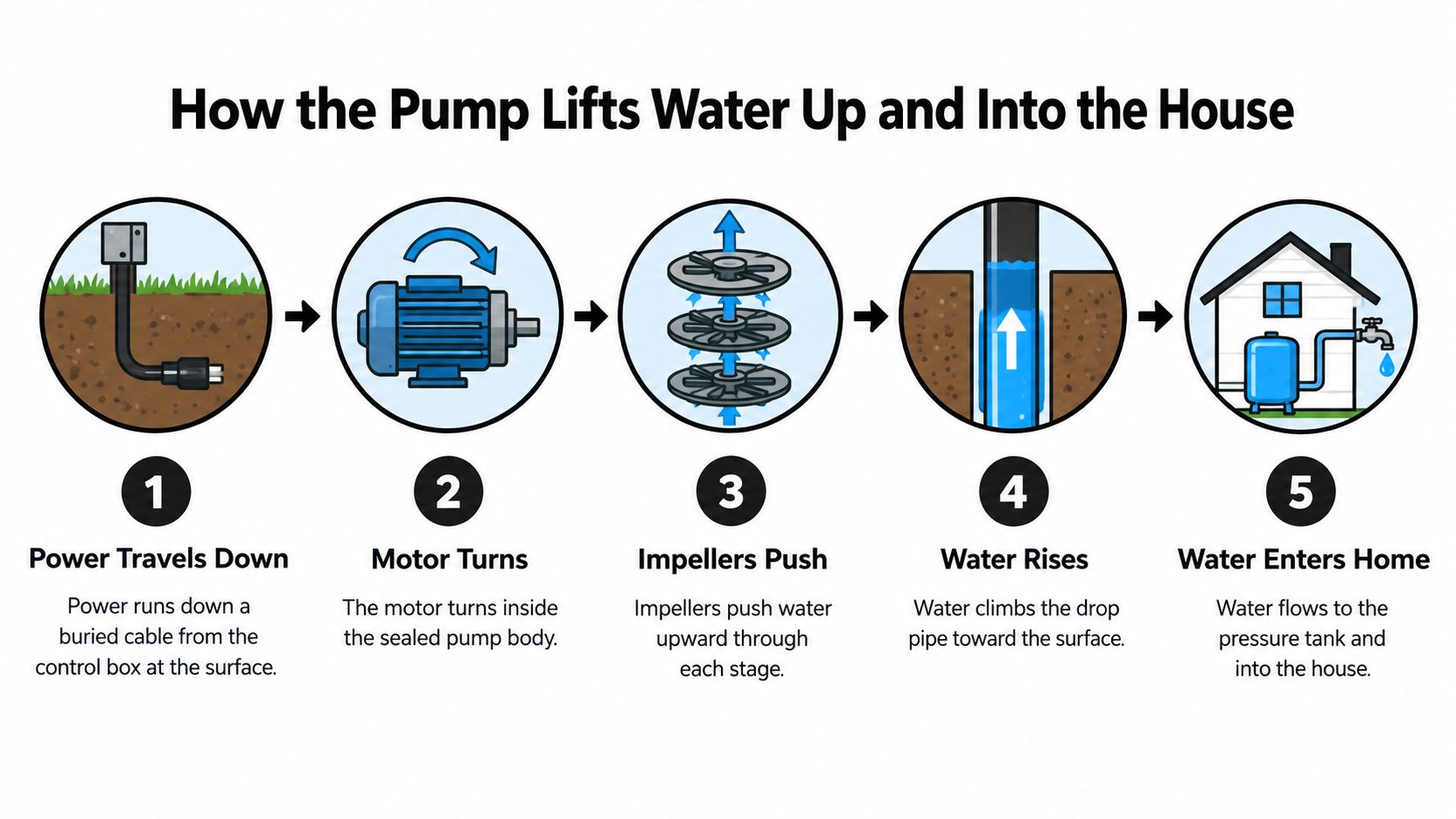 A diagram illustrating the five-step process of how a submersible well pump lifts water into a house.