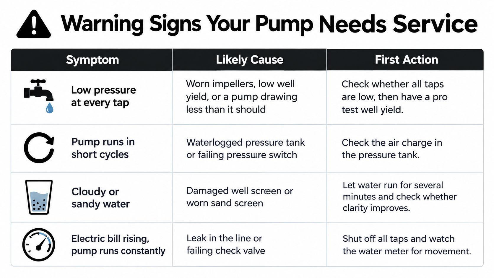 A chart showing four warning signs that a home well pump may require professional maintenance or service.
