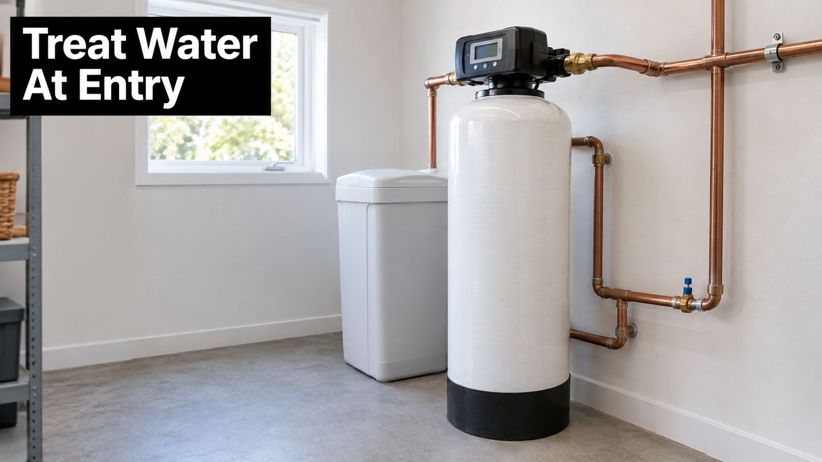 A water softener system and brine tank installed in a residential basement for whole house water treatment.